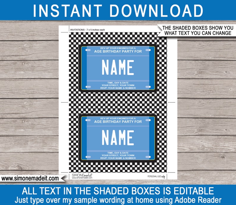 Blue Race Car Invitation Template - Printable License Plate Birthday Party Invite - INSTANT DOWNLOAD - EDITABLE text - you personalize