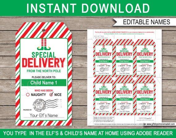 Elf Treat Tags Printable Template, Special Delivery North Pole, Christmas Elf Ideas, Elf Greetings INSTANT DOWNLOAD - EDITABLE text Il_570xn