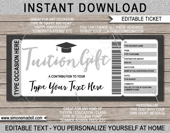 Tuition Gift Certificate College Fund Printable Ticket - University Education School Fees Contribution - INSTANT DOWNLOAD - EDITABLE text Il_570xn
