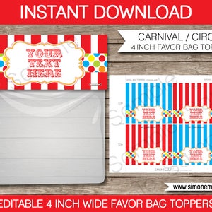 Carnival Favor Bag Toppers Template - Printable Birthday Party Decorations - Thank You Gift - Circus Theme - INSTANT DOWNLOAD - EDITABLE Text