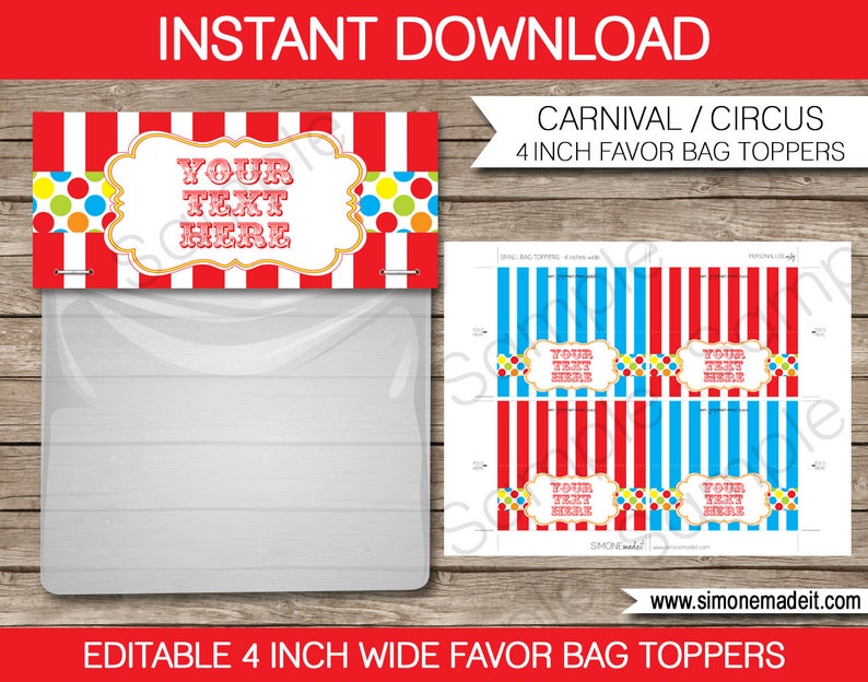 Carnival Favor Bag Toppers Template - Printable Birthday Party Decorations - Thank You Gift - Circus Theme - INSTANT DOWNLOAD - EDITABLE Text
