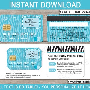 May include: Editable credit card invitation template with a blue and white zebra stripe pattern. The text "Call our Party Hotline Now to activate your card!" is displayed on the card. The text "10:30 0006 0029 2023" is also displayed on the card.