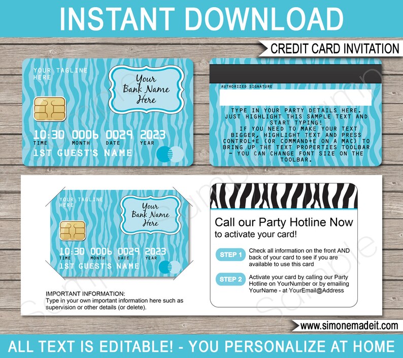 May include: Editable credit card invitation template with a blue and white zebra stripe pattern. The text "Call our Party Hotline Now to activate your card!" is displayed on the card. The text "10:30 0006 0029 2023" is also displayed on the card.