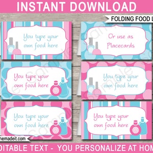 Spa Party Food Labels Template - Printable Birthday Party Decorations - Folding Buffet Tags - INSTANT DOWNLOAD - EDITABLE text