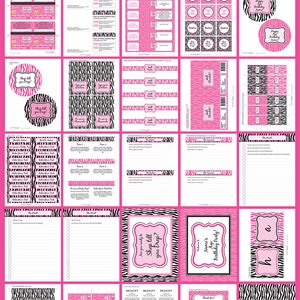 Pu&ograve; includere: Un pacchetto per feste stampabile con un tema a stampa zebra. Il pacchetto include inviti, cartellini con i nomi, carte da gioco e altri articoli per feste. Il testo "Shop till you drop!" &egrave; presente su diversi articoli stampabili.
