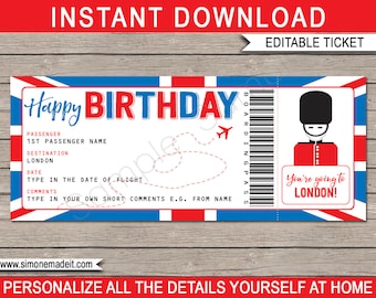 Surprise trip to London Boarding Pass Birthday Gift Printable Plane Ticket - England Holiday - INSTANT DOWNLOAD - EDITABLE text - you edit