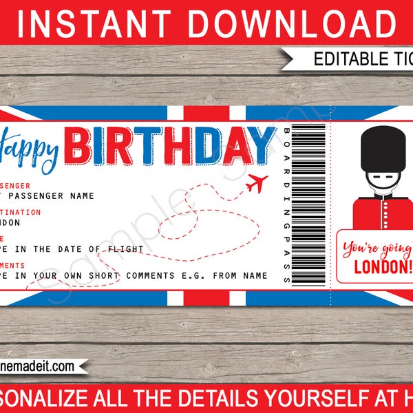 Surprise trip to London Boarding Pass Birthday Gift Printable Plane Ticket Coupon - England UK Holiday - EDITABLE Text DOWNLOAD