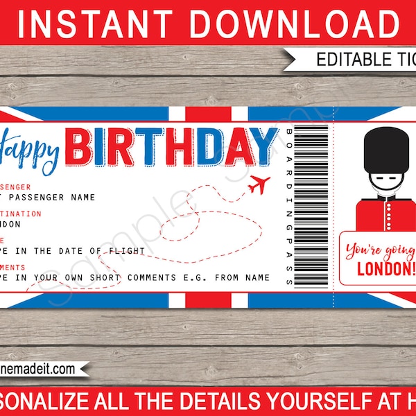 Surprise trip to London Boarding Pass Birthday Gift Printable Plane Ticket Coupon - England UK Holiday - EDITABLE Text DOWNLOAD