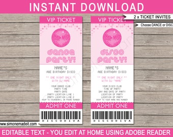 Dance Party Ticket Invitation Template - Printable Disco Theme Birthday Party Invite - INSTANT DOWNLOAD with EDITABLE text - you personalize