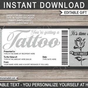 Tattoo Certificate Gift Card Voucher Ticket Printable Template - Rose Flower Design for her - Get Inked - INSTANT DOWNLOAD - EDITABLE text