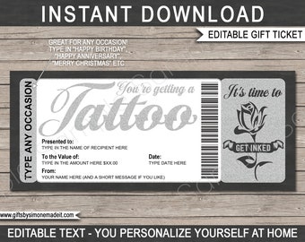 Tattoo Certificate Gift Card Voucher Ticket Printable Template - Rose Flower Design for her - Get Inked - INSTANT DOWNLOAD - EDITABLE text