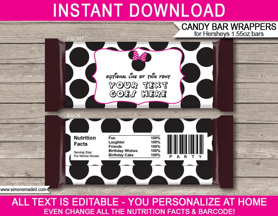 Minnie Mouse Candy Bar Wrappers Template - Printable Birthday Party ...