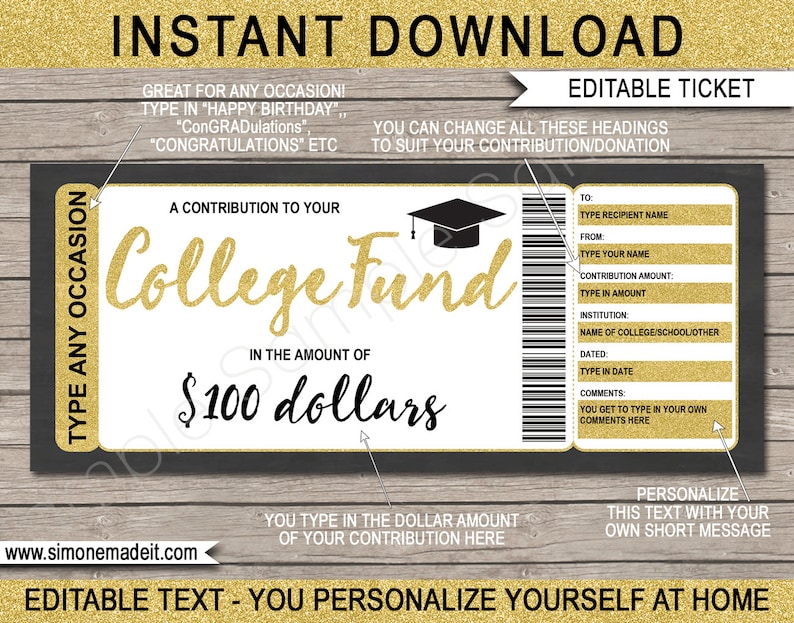 Printable College Fund Gift Certificate Tuition Voucher INSTANT DOWNLOAD with EDITABLE text 529 College Savings Plan Contribution