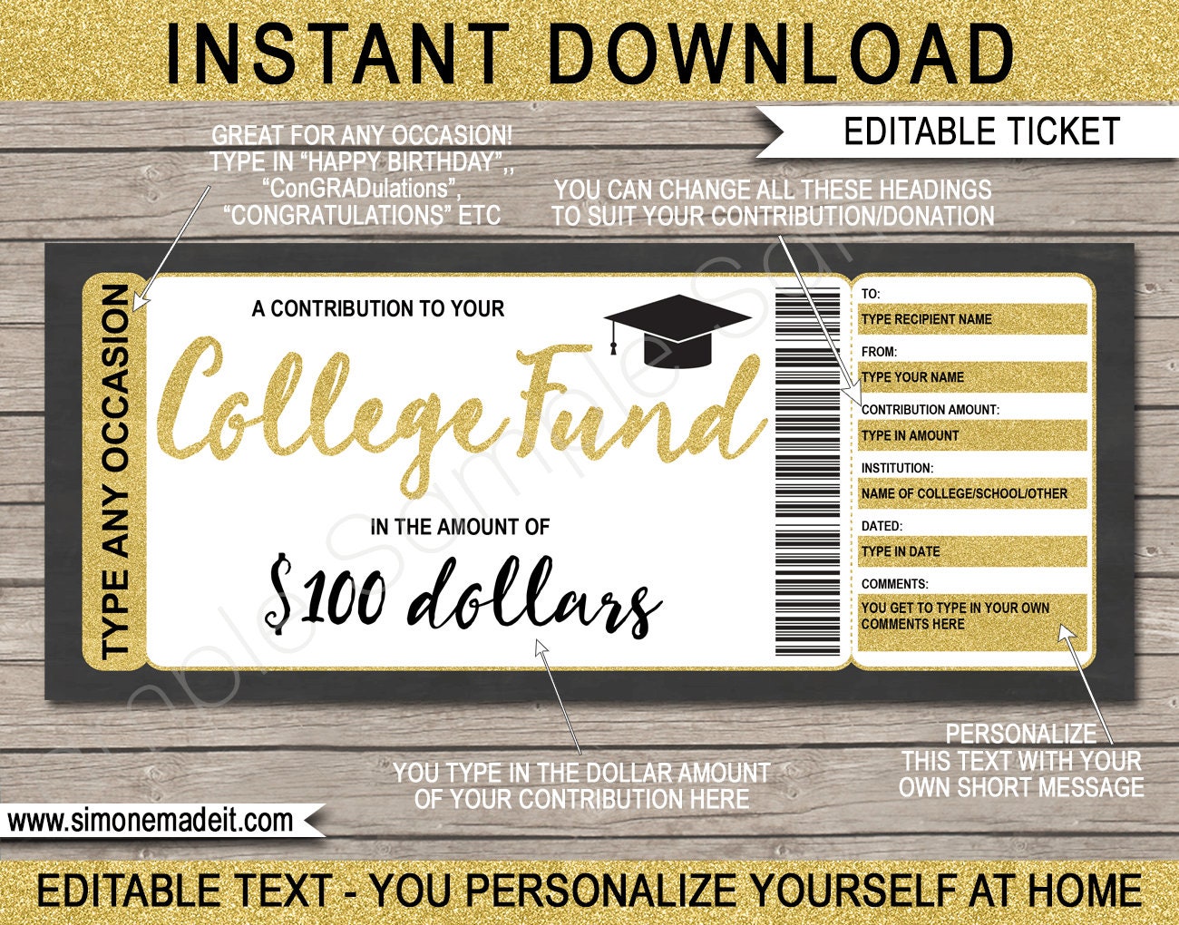 Printable College Fund Gift Certificate Tuition Voucher - 21 College  Savings Plan Contribution - INSTANT DOWNLOAD with EDITABLE text With Regard To Graduation Gift Certificate Template Free