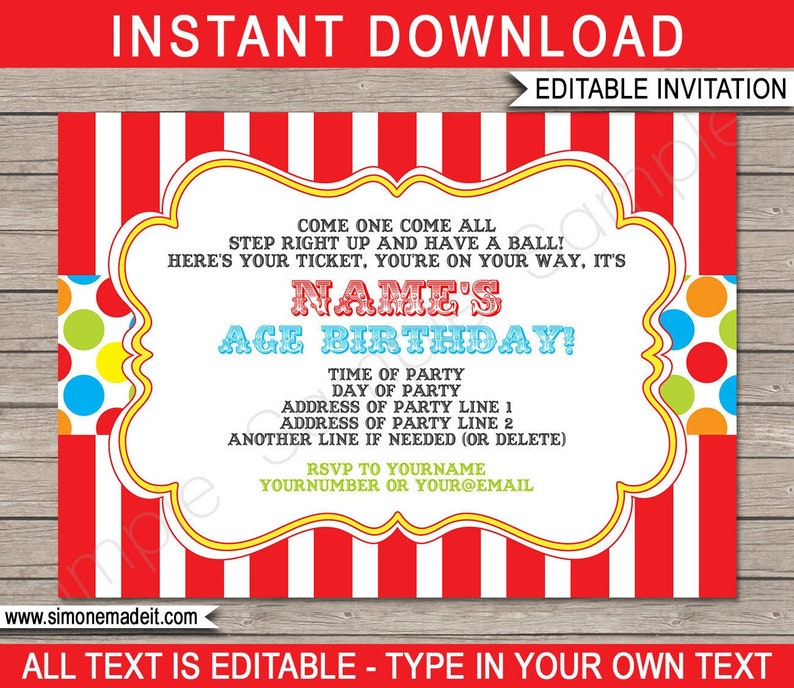 Carnival Invitation Template - Printable Birthday Party Invite - Circus Carnival Theme - INSTANT DOWNLOAD - EDITABLE text - you personalize