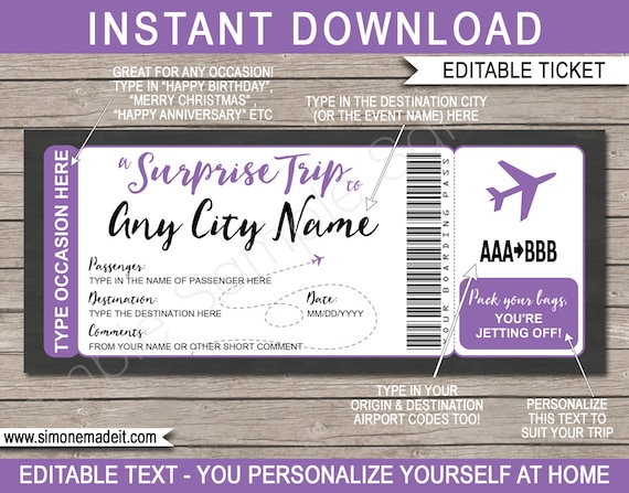 Editable Plane Ticket Surprise Trip Printable Boarding Pass Template - Any Occasion, Any Destination - Flight Destination - INSTANT DOWNLOAD Il_570xn