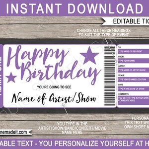 Surprise Show Ticket Birthday Gift Printable Template - Concert, Show, Music Festival, Band, Artist, Movie - INSTANT DOWNLOAD text EDITABLE