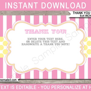 Puede incluir: Plantilla de tarjeta de agradecimiento a rayas rosas y blancas con lunares amarillos. La plantilla tiene un marco blanco con el texto "¡Gracias!" y un espacio para ingresar su propio texto o escribir un mensaje a mano. La plantilla mide 6x4 pulgadas.