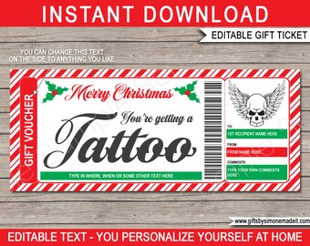 Tattoo Voucher Certificate Ticket Christmas Gift Card Printable Template, Get Inked Human Skull Wings Design, INSTANT DOWNLOAD EDITABLE text