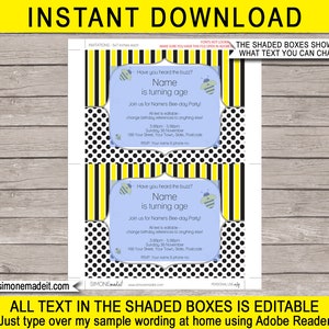 Bee Party Printable Decorations & Invitation Template Bundle Birthday or Baby Shower Theme INSTANT DOWNLOAD EDITABLE Text image 5