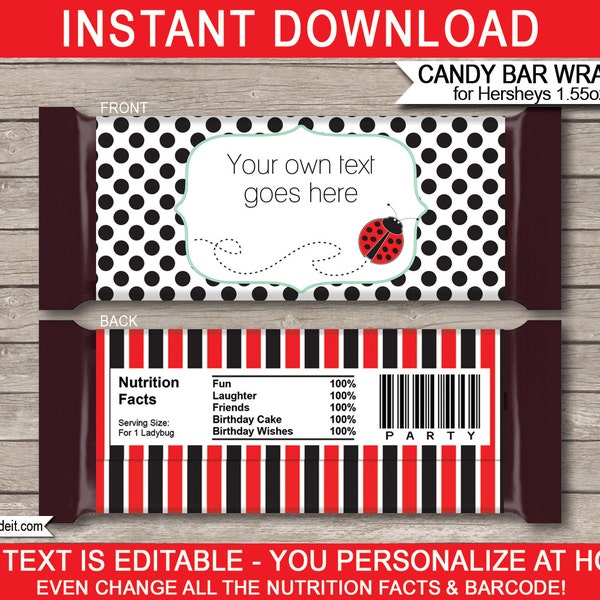 Ladybug Party Candy Bar Wrappers - Party Favors - Chocolate Labels - INSTANT DOWNLOAD with EDITABLE text - you personalize at home