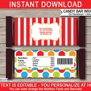 Carnival Party Candy Bar Wrappers Template - Circus Party Favors - Chocolate Labels - INSTANT DOWNLOAD with EDITABLE text - you personalize