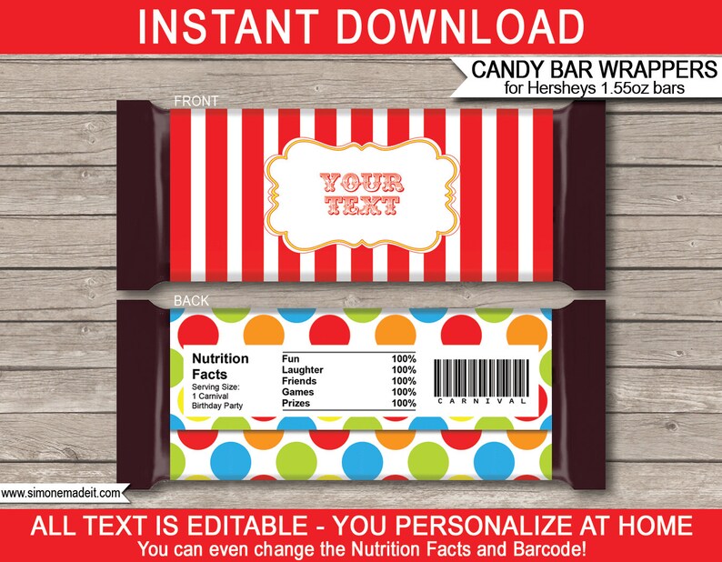 Carnival Party Candy Bar Wrappers Template - Circus Party Favors - Chocolate Labels - INSTANT DOWNLOAD with EDITABLE text - you personalize