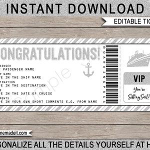 Congratulations Gift Cruise Ticket - Boarding Pass - Printable Gift Voucher Certificate - Surprise Holiday - INSTANT DOWNLOAD - EDITABLE