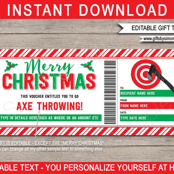 Axe Throwing Gift Certificate Template - Christmas - Printable Experience or Game Voucher - INSTANT DOWNLOAD with EDITABLE text