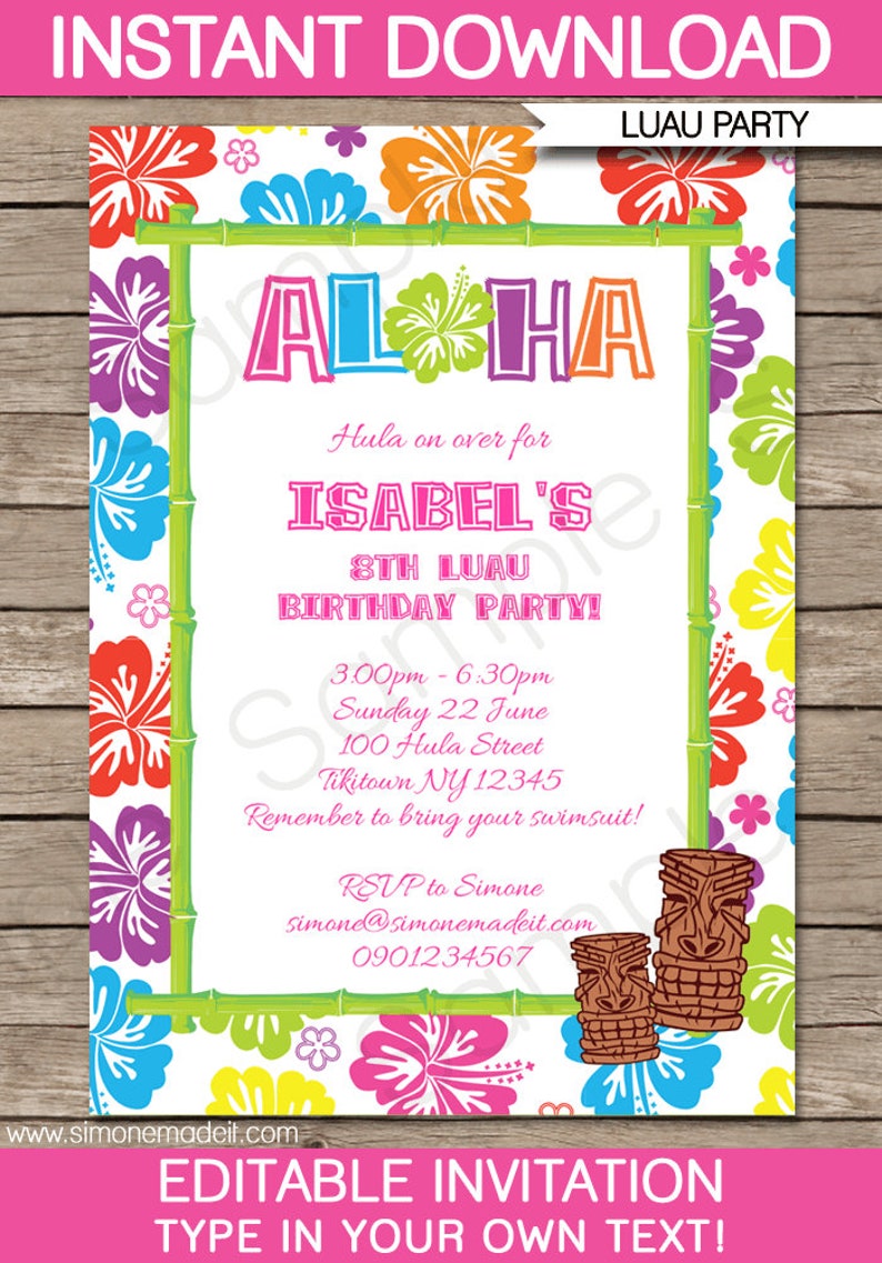 Luau Party Templates Invitation Printable Hawaiian Theme Birthday Party Decorations DIY EDITABLE TEXT image 3