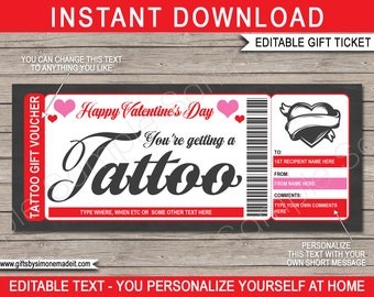 Tattoo Gift Certificate Voucher Ticket Card Template, Happy Valentines Day, Get Inked Heart Design - INSTANT DOWNLOAD with EDITABLE text