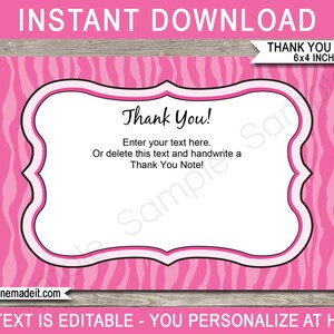 Pu&ograve; includere: Modello di biglietto di ringraziamento con stampa zebrata rosa e nera. Il modello misura 15,24 x 10,16 cm e ha un bordo bianco con un contorno nero. Il testo "Grazie!" &egrave; in nero. Il testo "Inserisci il tuo testo qui. Oppure elimina questo testo e scrivi un biglietto di ringraziamento a mano!" &egrave; anche in nero.
