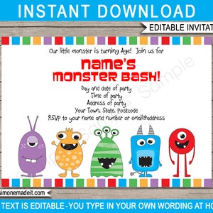 Monster Theme Party Decorations & Invitation Template Bundle Printable Monster Bash Birthday DIY EDITABLE TEXT image 3