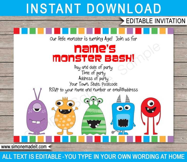 Monster Theme Party Decorations & Invitation Template Bundle Printable Monster Bash Birthday DIY EDITABLE TEXT image 3