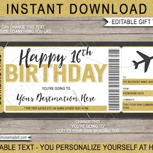 Modèle de carte d'embarquement pour 16e anniversaire - cadeau voyage surprise - faux coupon de billet d'avion - destination du vol avion - TÉLÉCHARGEMENT MODIFIABLE