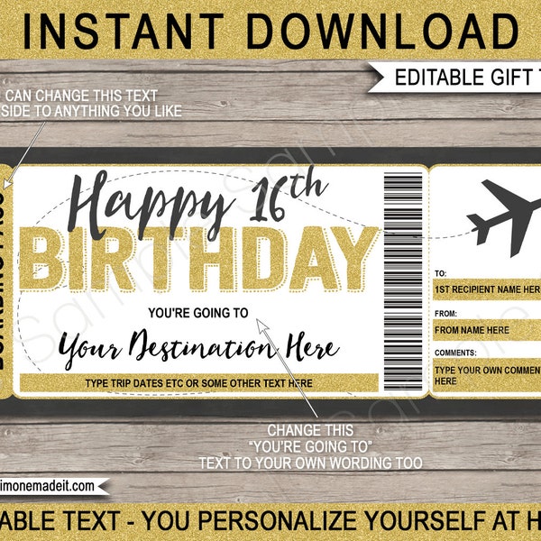 16th Birthday Boarding Pass Template - Surprise Trip Gift - Fake Plane Ticket Coupon - Airplane Flight Destination - EDITABLE TEXT DOWNLOAD