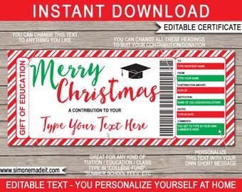 College Fund Christmas Gift Certificate - Printable Tuition Voucher - Contribution to University Education College School - INSTANT DOWNLOAD