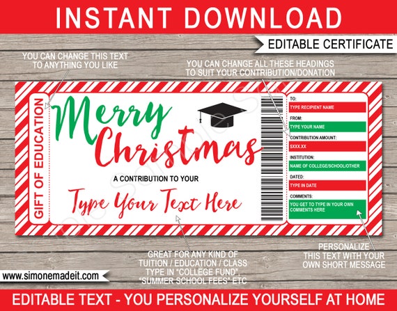 College Fund Christmas Gift Certificate - Printable Tuition Voucher - Contribution to University Education College School - INSTANT DOWNLOAD Il_570xn