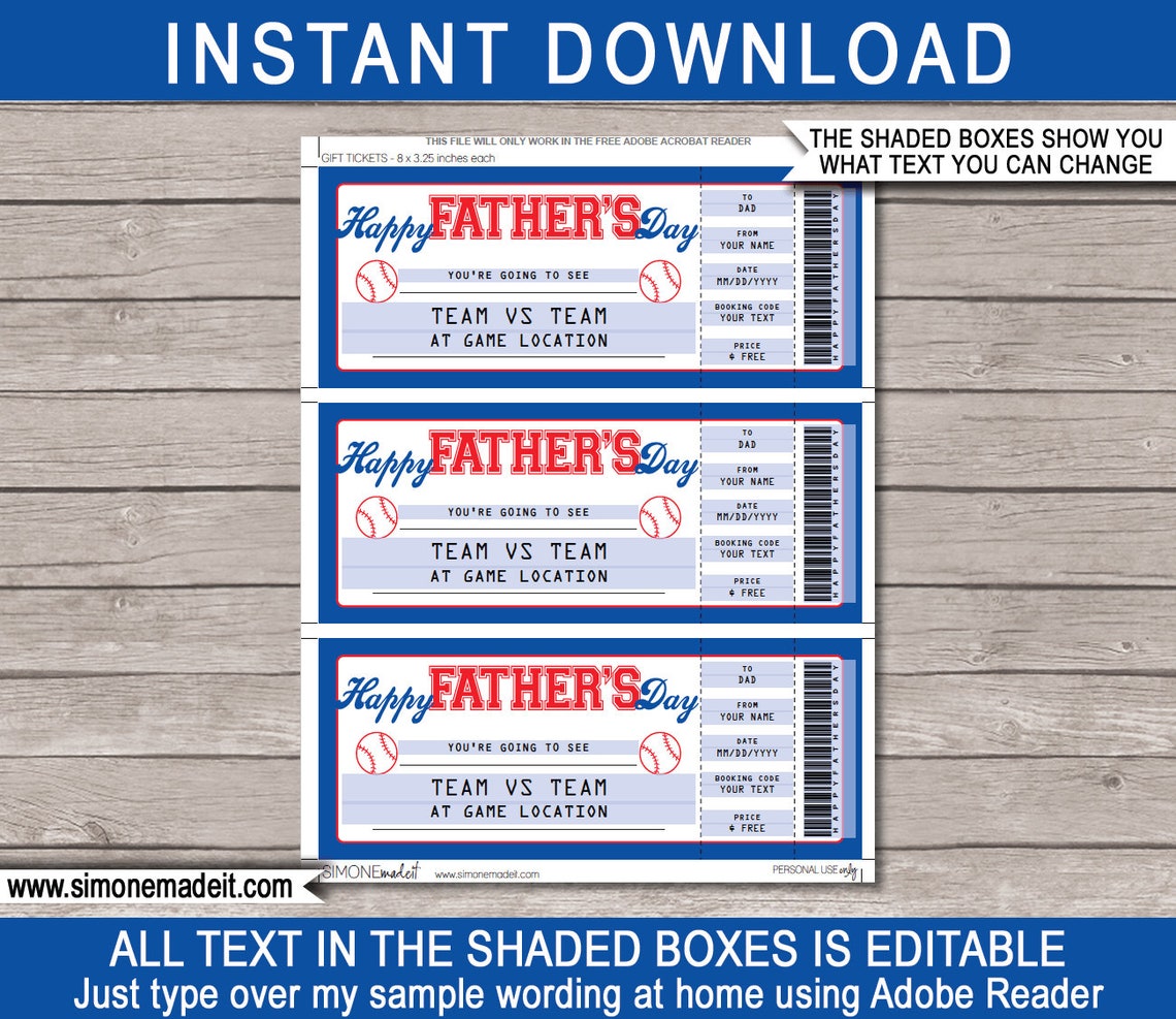 fathers day baseball ticket gift printable baseball etsy