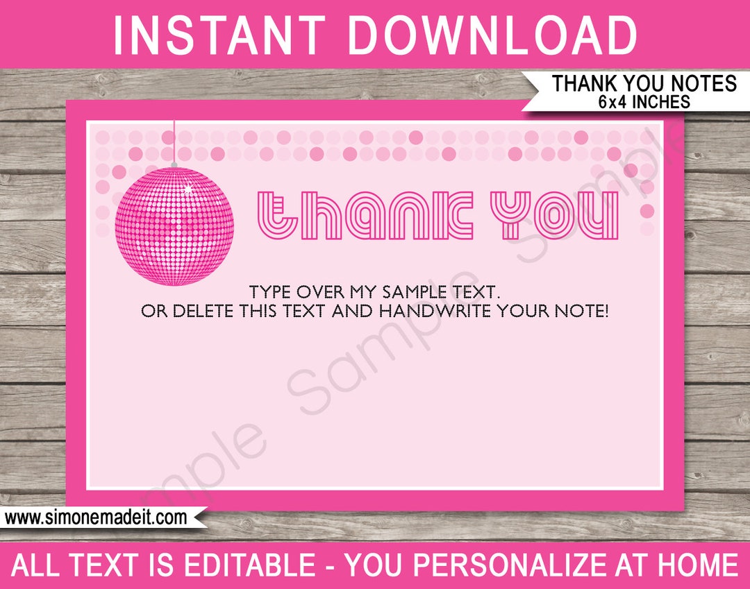 Disco Ball Thank You Cards Template - Printable Dance Theme Birthday ...