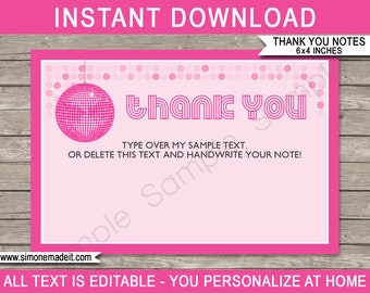 Disco Ball Thank You Cards Template - Printable Dance Theme Birthday Party Notes - Favor Tags - 4x6 inch - INSTANT DOWNLOAD - EDITABLE text