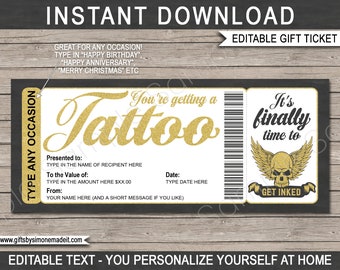 Tattoo Voucher Certificate Ticket Gift Card Printable Template - Human Skull with Wings Design - Get Inked - INSTANT DOWNLOAD text EDITABLE