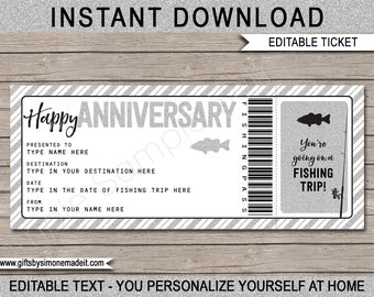 May include: Editable printable ticket with a silver glitter background and black text. The ticket says "Happy Anniversary" and has a fishing theme. It says "You're going on a fishing trip!" and has a fishing rod and fish silhouette.