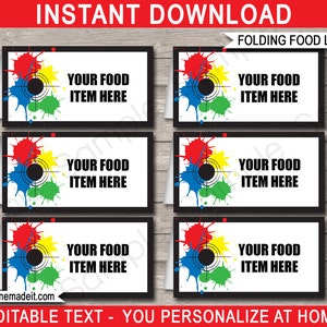 May include: Four printable food labels with a paint splatter design in red, yellow, blue, and green. The labels have a black border and white background with the text "YOUR FOOD ITEM HERE" in black.