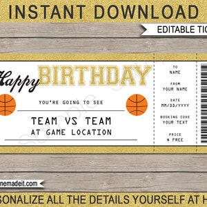 Cadeau d'anniversaire pour le match de basket-ball - Billet surprise pour un match de basket-ball - Modèle de bon de réduction imprimable - TÉLÉCHARGEMENT MODIFIABLE