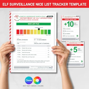Elf Report Card Canva Templates: Nice List Tracker, Caught Being Kind Cards, Santa Certificate