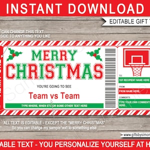 Weihnachten Basketball Ticket Vorlage Geschenk - Überraschungs Spiel Ticket - Geschenkgutschein Zertifikat - INSTANT DOWNLOAD mit EDITIERBARE Text