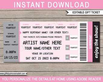 Concert Ticket Template - Printable Gift Certificate Voucher Coupon - Surprise Birthday Gift - INSTANT DOWNLOAD - EDITABLE Text