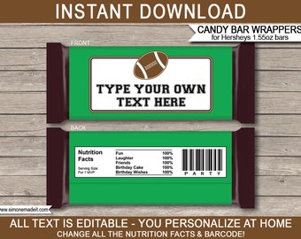 Football Party Candy Bar Wrappers: Editable Text (Instant Download)