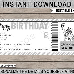 Biglietto del treno per rivelare il viaggio a sorpresa a New York - Buono regalo carta d'imbarco di compleanno stampabile - Modello coupon New York - Testo modificabile DOWNLOAD